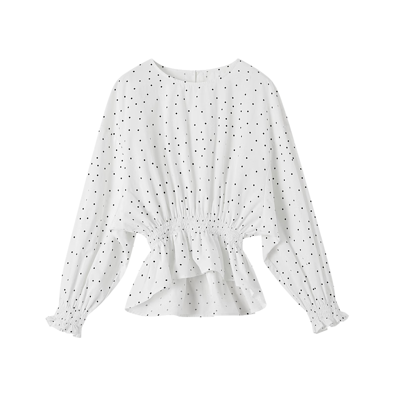Dme [Will Breathe Cotton] Spring And Autumn French-Style Relaxed Round Neck Smock Waist-Cinching Drop Shoulder Slimming Shirt Women's Top