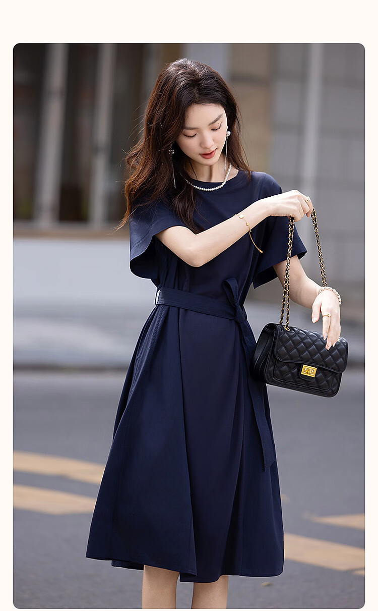 Dme [50 Pieces of Pure Cotton Brocade] Summer Elegant Office Round Neck Tie-Up Spliced Mid-Length Slimming Women's Dress 1
