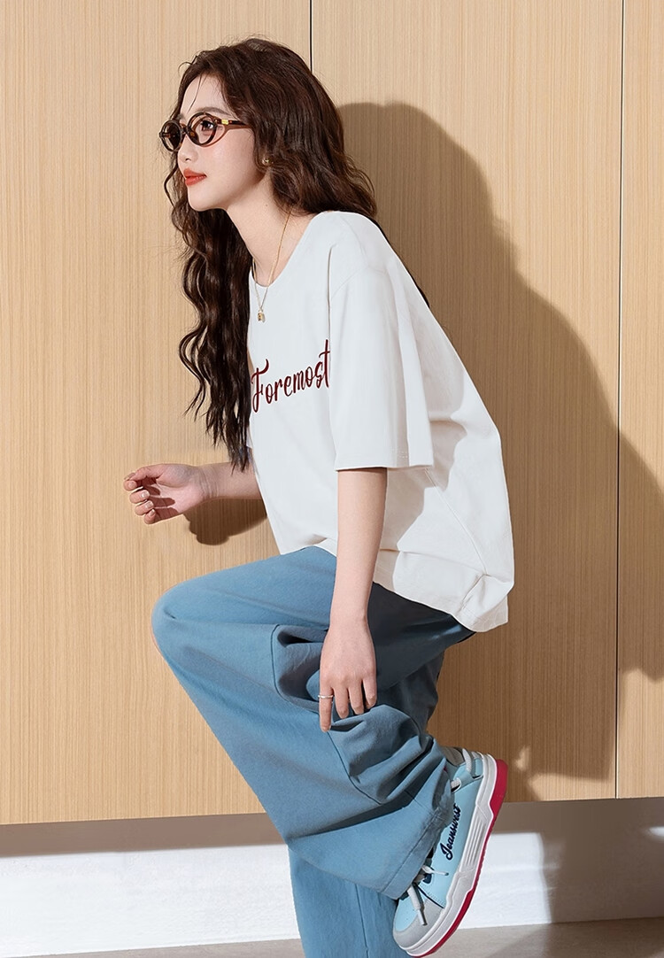 TonLion 2025 Women's Printed Crew Neck Short Sleeve T-Shirt Off-White L 2
