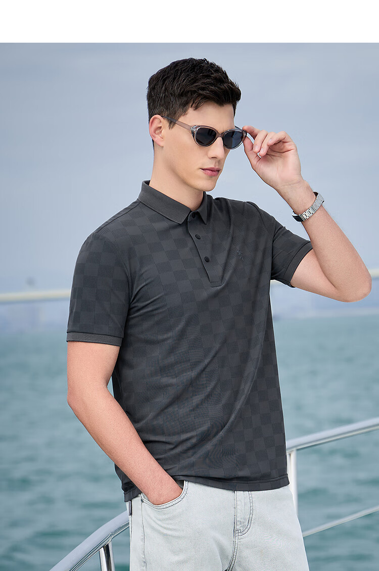 DANCING WOLVES [Elastic Breathable] Summer Quick-Dry Checkered Short-Sleeve Men's Polo Shirt, 705 Apricot Color, Size L (175) 11