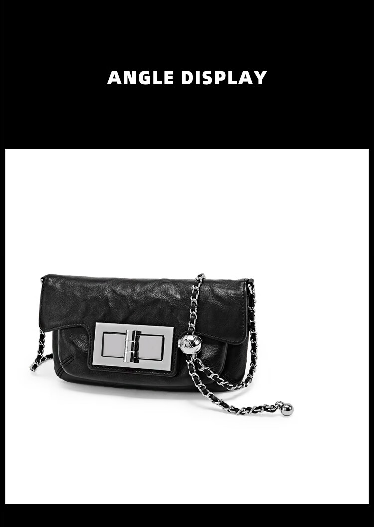 Mood Top-Grain Leather Chain Bag for Women, Black Small Square Bag, Autumn/winter Commuter Shoulder Crossbody Bag, Light Luxury Women's Handbag 15