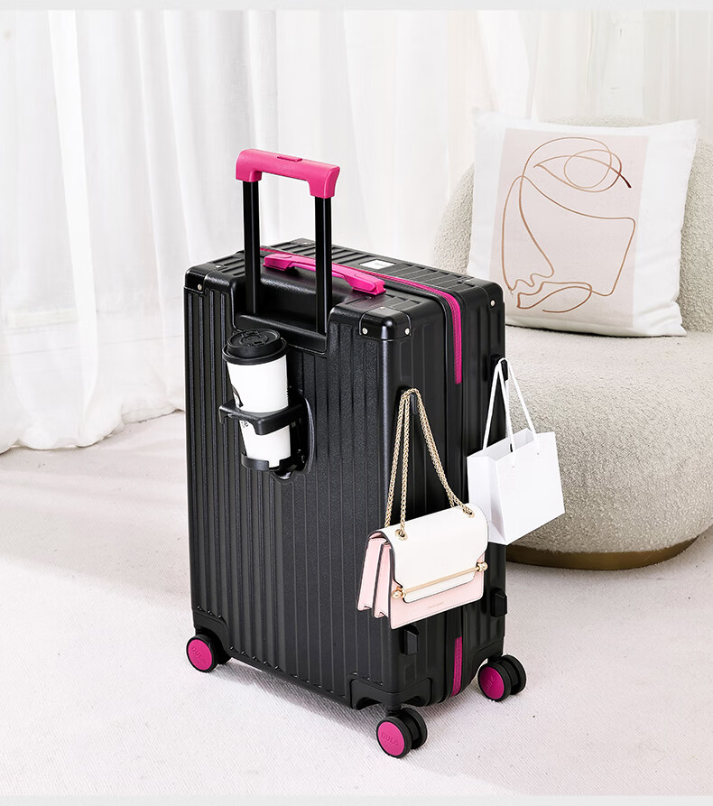 DULA Luggage High-Quality Suitcase with Cup Holder, Multifunctional Trolley Case for Men And Women, Travel Suitcase with Password Lock, Trendy Black Rose 26-Inch 7