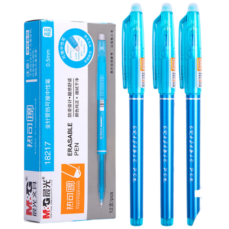 M&G Stationery, Erasable Gel Pen, Pull-Cap Full Needle Tube Crystal Blue Ink Pen 0.5mm, Elementary School Student Thermal Friction Signature Pen, 12 Pens/box AKP18217B2