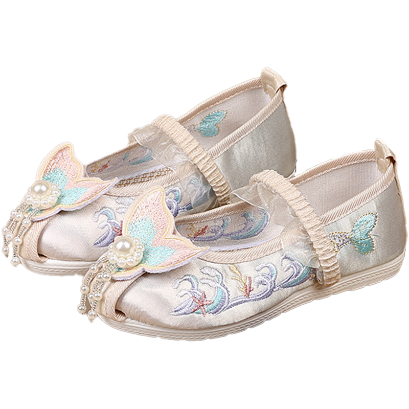 Romon Children's Embroidered Shoes Chinese Style Spring Autumn Tang Suit Performance Cloth Shoes Summer Hanfu Girls Shoes Beige Size 31