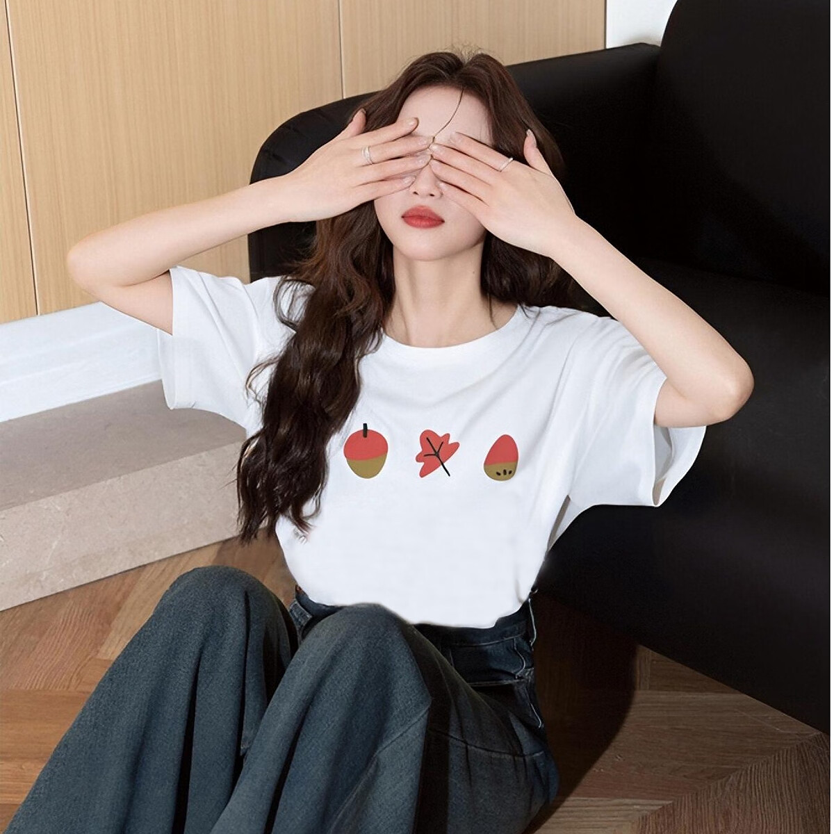 TonLion 2025 Summer Women's Front Chest Pattern Printed Round Neck Short-Sleeve T-Shirt, White, L