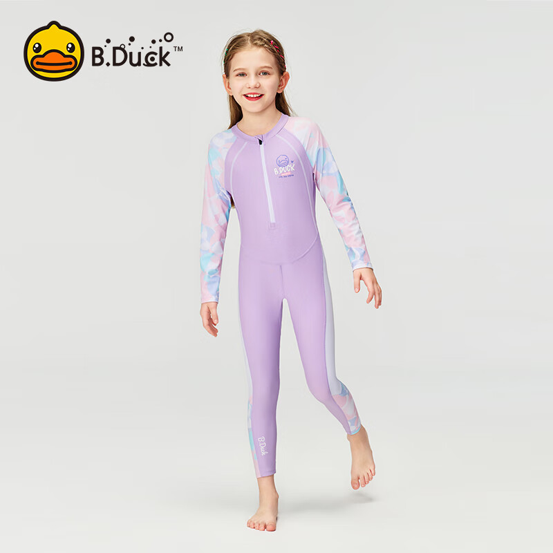 B.Duck Children's One-Piece Swimsuit for Girls, Long-Sleeve Sun Protection Swimwear for Older Kids, Mermaid Purple, Size 120