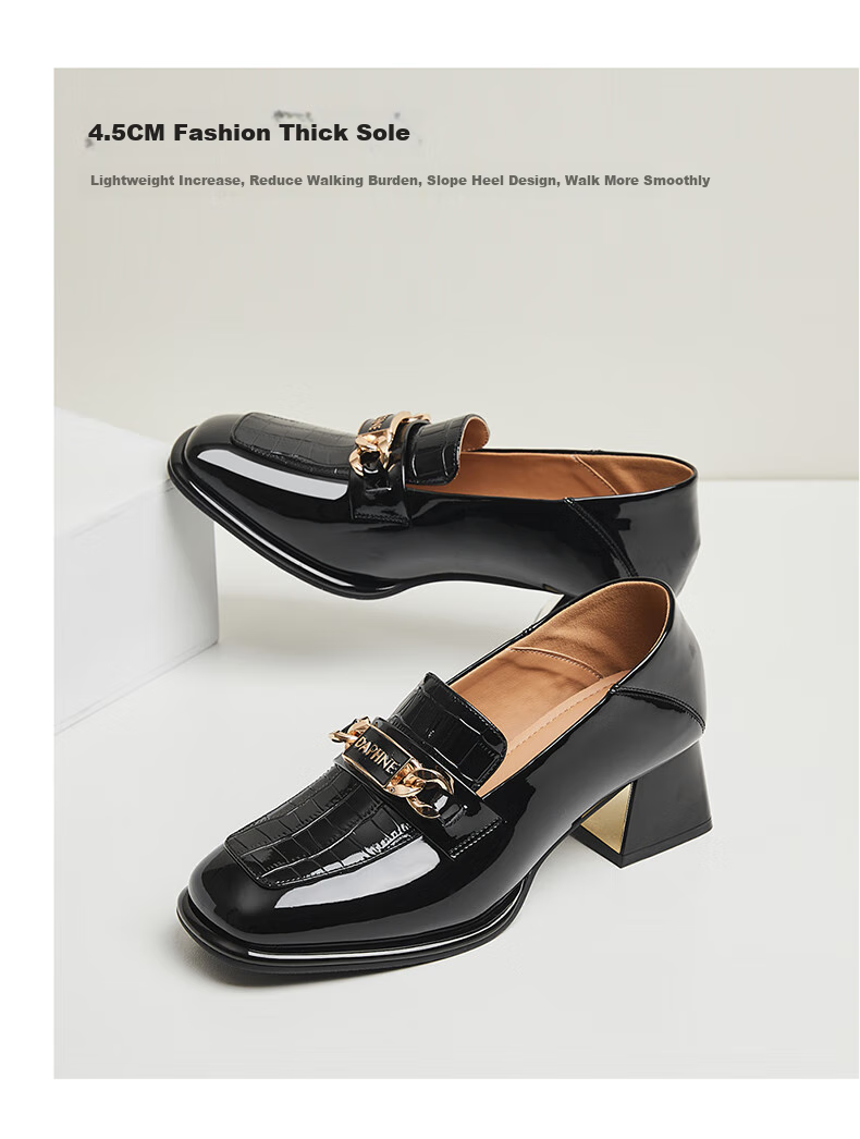 DAPHNE Women's Leather Shoes with Formal Dress, British Style, Chunky Mid-High Heel, Professional Work Business Shoes, Loafers, Women's Shoes 4622404047 Black 35 15