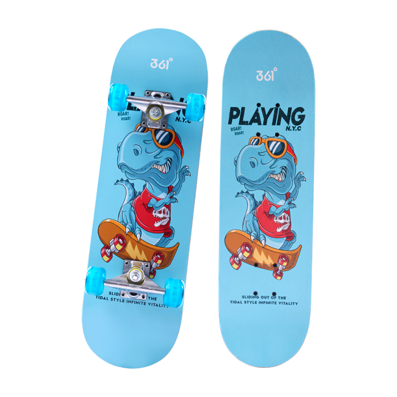 361° Kids Double Kick Skateboard Beginner Boys Girls Youth 6-12 Years Professional Street Skateboard Blue Flashing Wheels