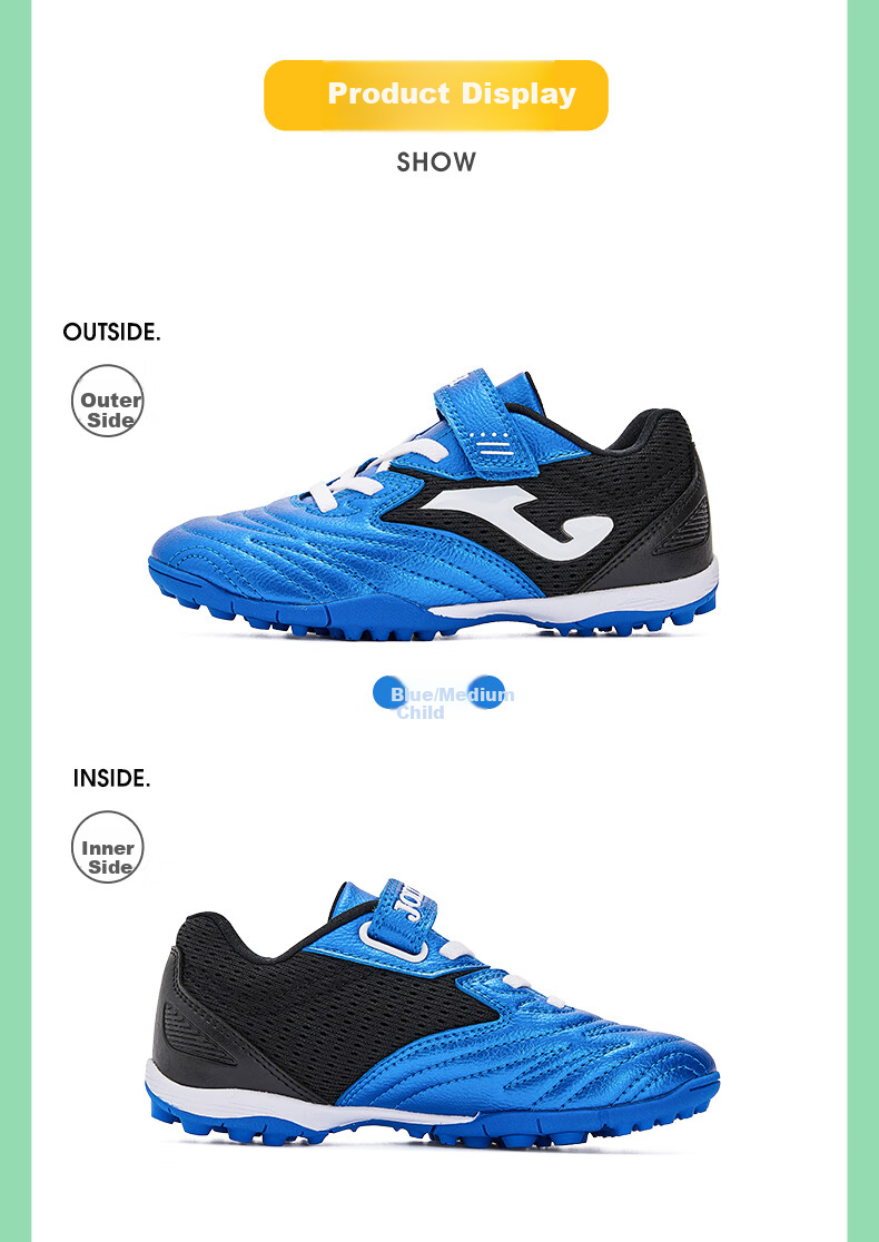 JOMA Velcro Children's Soccer Shoes with TF Turf Studs, Youth Elementary School Professional Competition Football Training Shoes, Blue And Black, Size 35 8