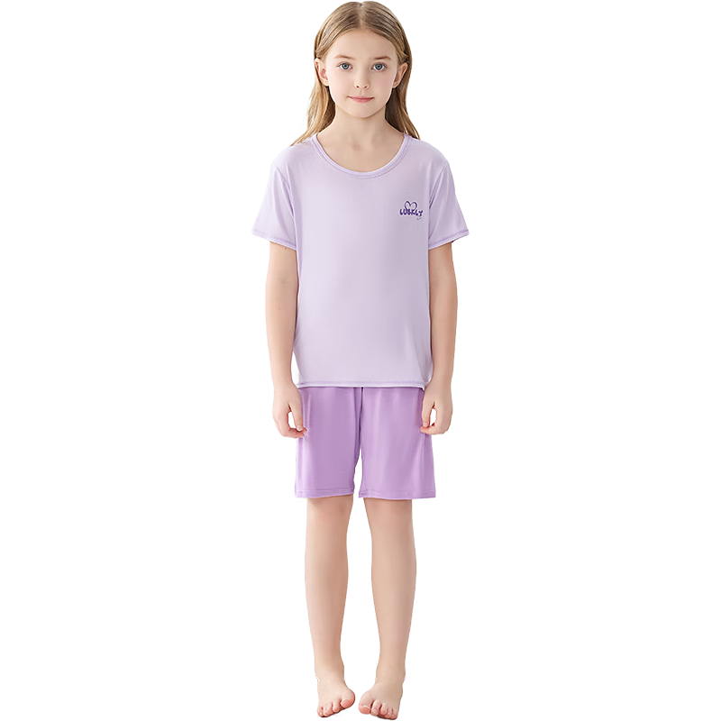 LangSha Children's Pajamas, Girls' Summer Thin Comfortable Breathable Short-Sleeve Sleepwear, Big Kids' Home Wear Set, Purple, Size 120