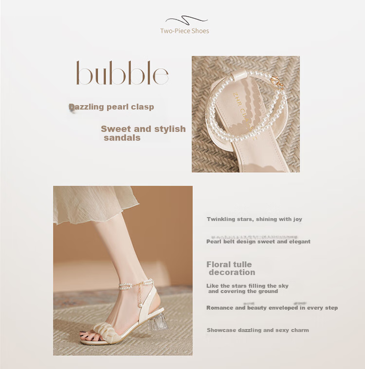 ZHR Women's Sandals with Chunky Heel, Comfortable And Stylish Women's Shoes, Elegant Pearl Chain Slimming Shoes for Women JF28 Beige 36 2