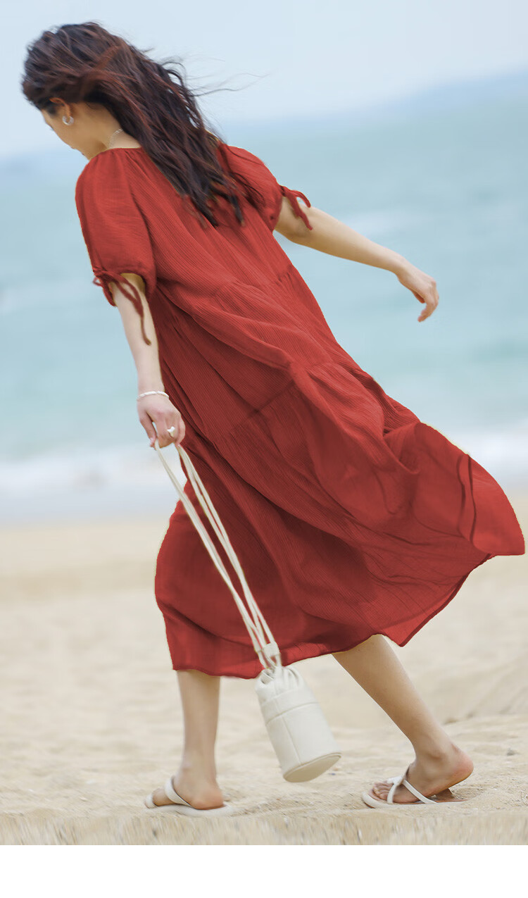 Dme Relaxed Fit Round Neck Long Dress Summer Vacation Fabric Textured Sleeve Cuff Drawstring Design Dress 14