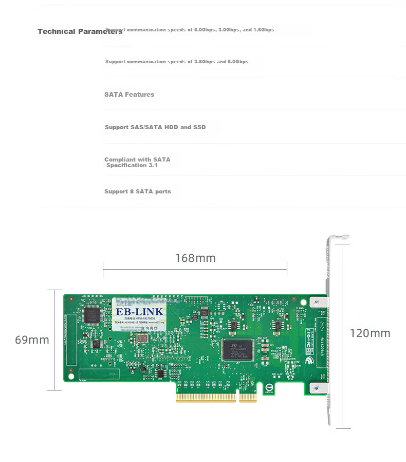 EB-LINK PCIE2.0 X8 to SATA Eight-Port SAS Expansion Card, 6GB, 8-Port RAID Disk Array Card, SSD Adapter Card, Supports RAID0/1 11