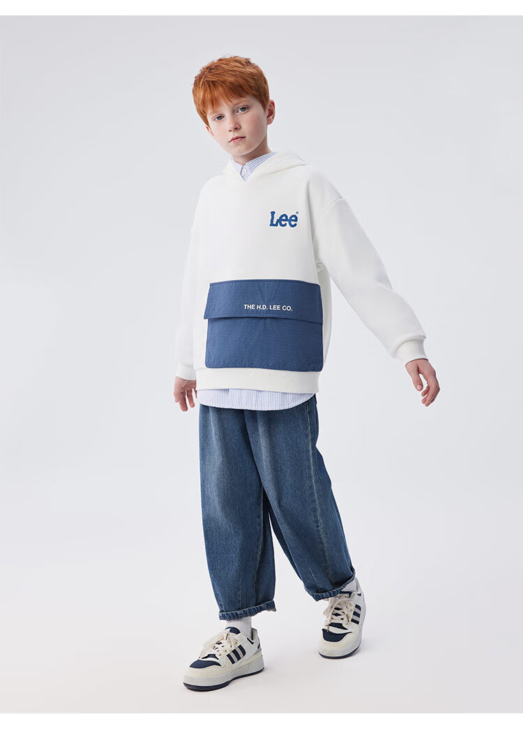 Lee Kids Children's Clothing, Color Block Faux Denim Print Retro Fashion Hoodie, Sky Blue, Size 140 2