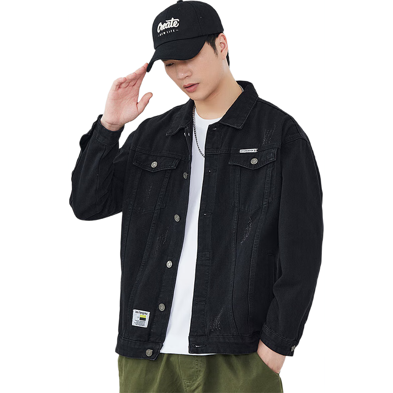 Jeanswest Men's Denim Jacket 2026 Spring Casual Loose Fit Black XL