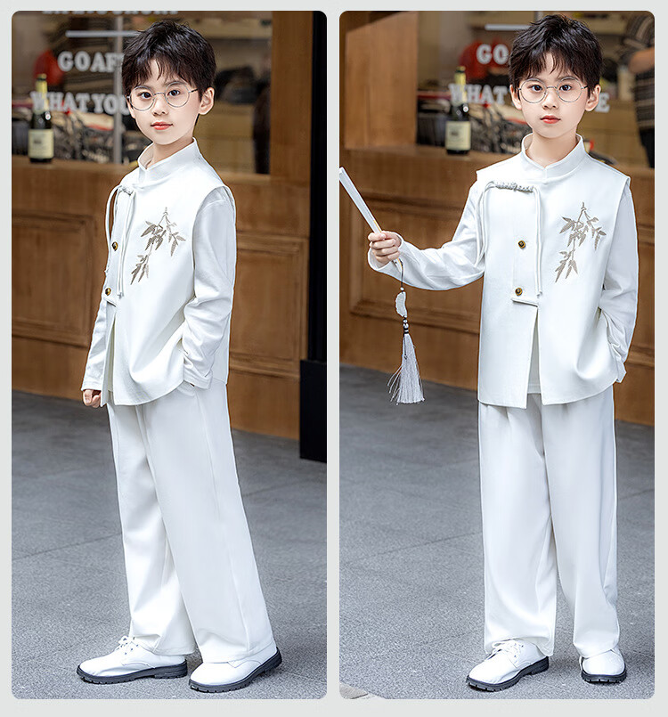 LUOBOBEIBEI Boys' New Chinese Style National Vest Set Children's Ancient Style Hanfu Performance Costume Long Sleeve Shirt 150 10