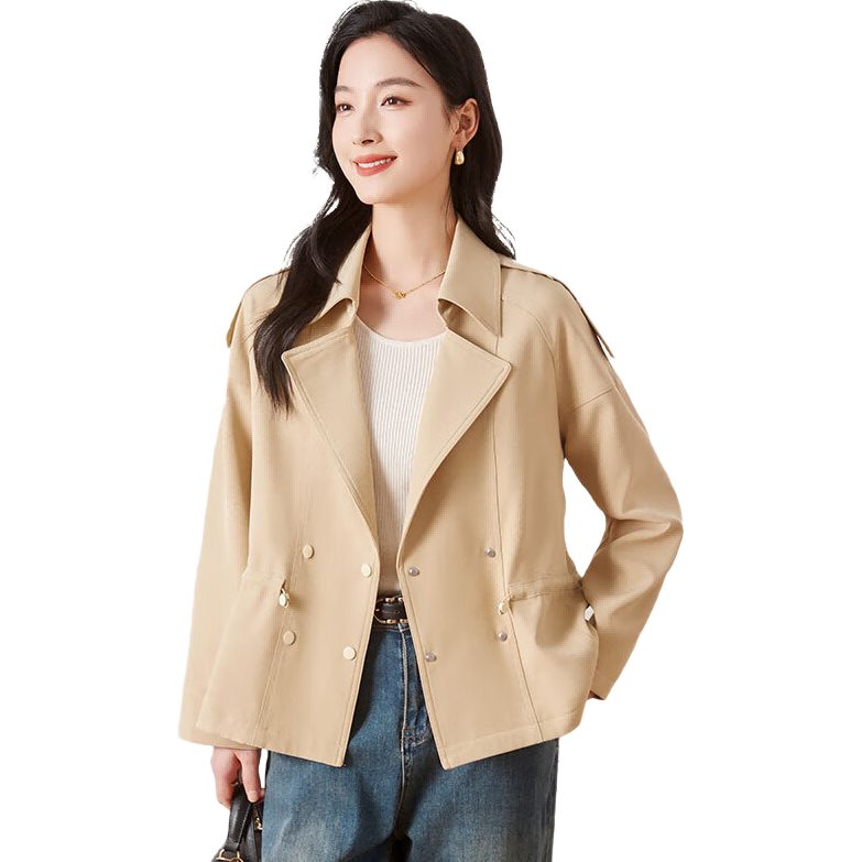 Chushen Spring And Autumn Women's Short Jacket, Fashionable And Elegant Design with Lapel Collar, Waist-Cinching Drawstring, Short Trench Coat S61D164