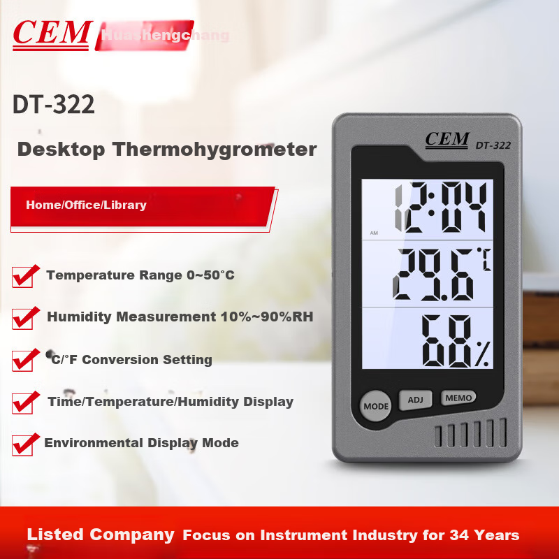 Электронный термометр-гигрометр CEM DT-322 с часами, измерение температуры и влажности в помещении и на улице, черный