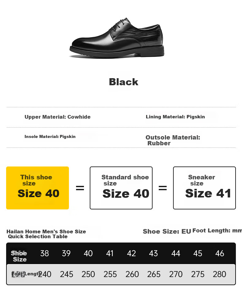 HLA Business Casual Shoes for Men, Top-Grain Leather Formal Shoes, British Style Leather Shoes for Men, Wedding Shoes, 254A Black, Size 39 5