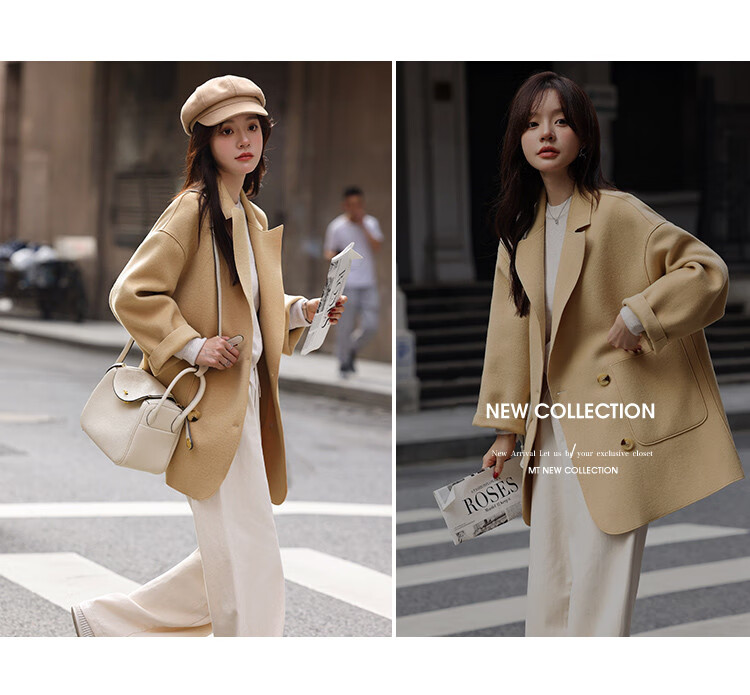 MT Korean Style Autumn Street Minimalist Classic Large Lapel Pocket Double-Faced Wool Coat Light Camel M 9