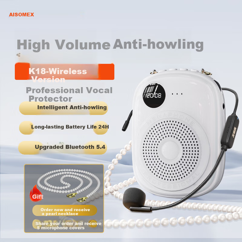 AISOMEX Portable Amplifier for Teachers, Classroom Teaching Bluetooth Wireless Microphone, Outdoor Tour Guide Shopping Small Loudspeaker K18 Wireless White