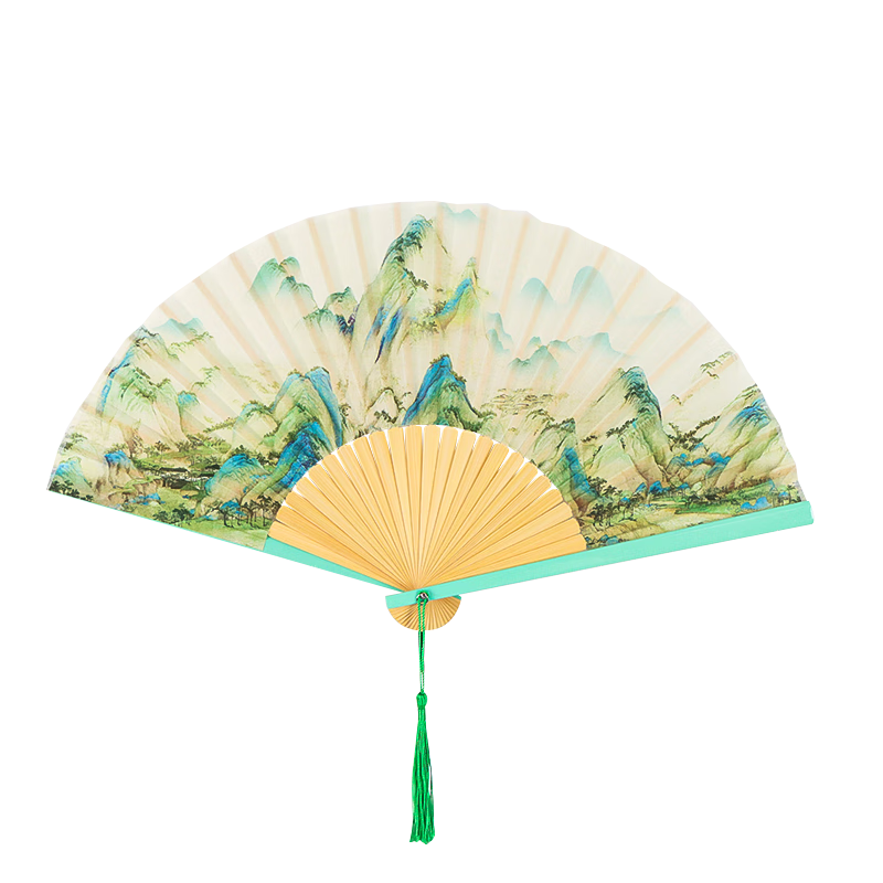TaTanice Folding Fan 6.5 Inch Chinese Style Classical Hanfu Photo Prop with Green Bamboo Handle and Qianli Jiangshan Design
