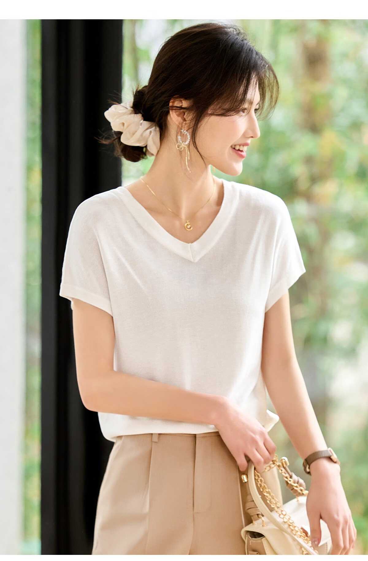 Taxiang Women's Short-Sleeve V-Neck Thin Summer Knit T-Shirt with Hollow Design at Back, Distinctive Top Blouse T52T078 17