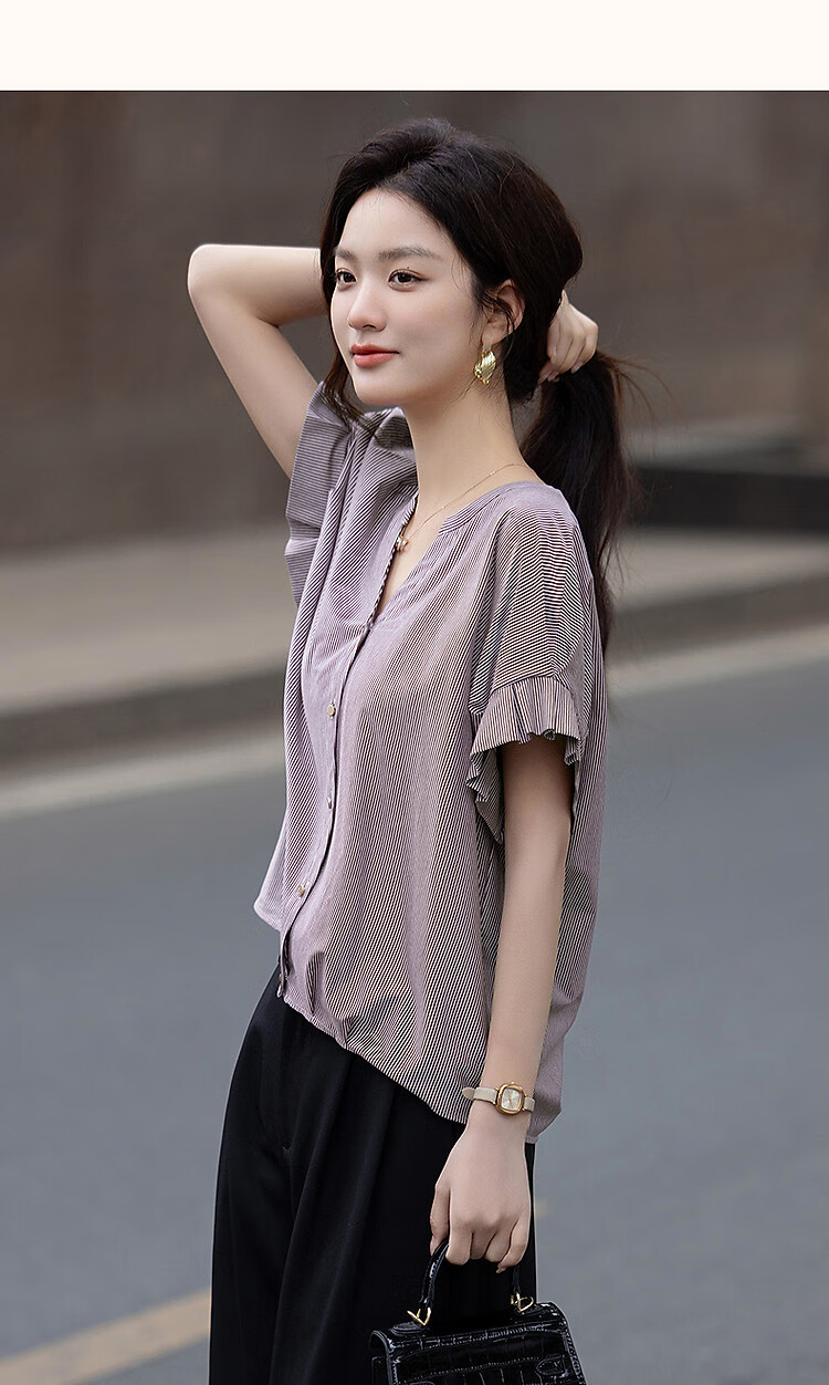 Demana 100% Cotton Summer Casual V-Neck Pleated Ruffle Sleeve Loose Fit Shirt for Women 16