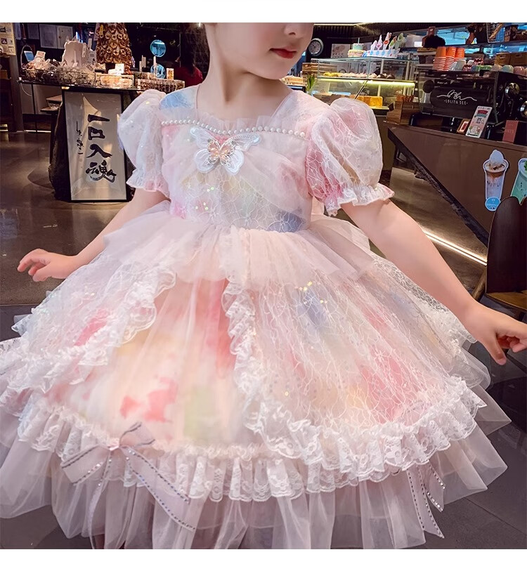 Anneyol Girls' Princess Dress Summer Outfit Stylish Children's Lolita Tulle Dress with Puff Sleeves, Pink, Size 160 12
