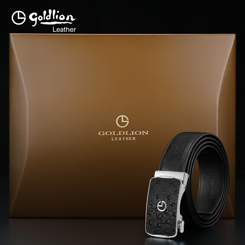 Ремень Goldlion с автоматической пряжкой, из натуральной кожи страуса, в подарочной деревянной коробке, мужской, 130 см, черный