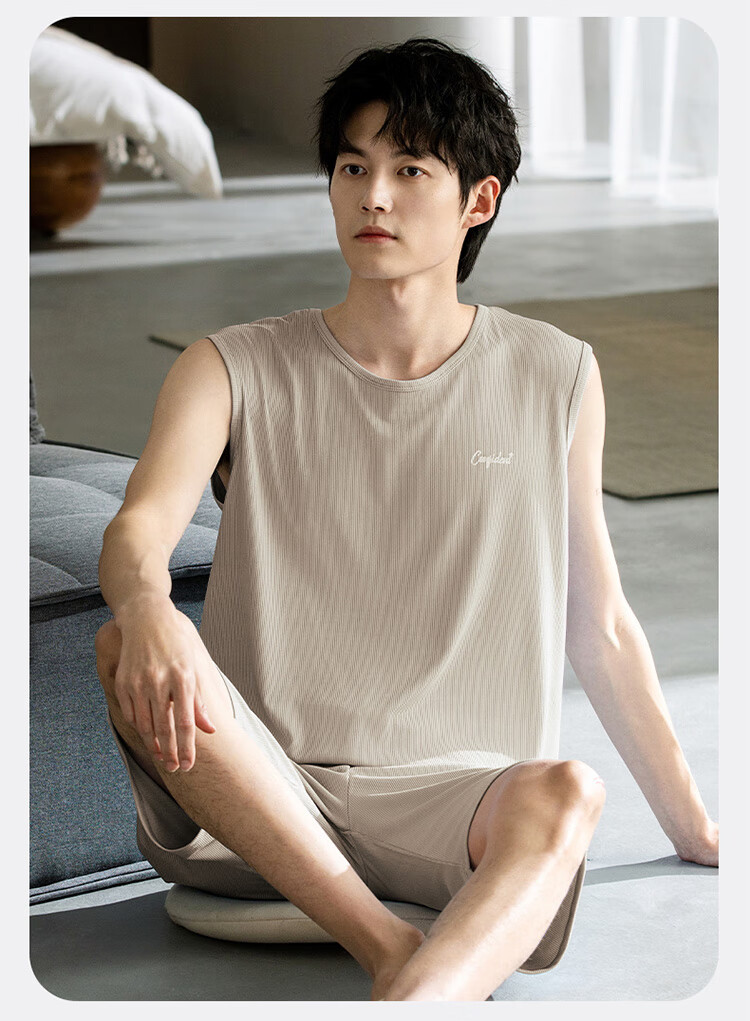 XUEXIMAN Men's Summer Pajamas, Ice Silk Cool-Feeling Sleeveless Tank Top Vest, Casual Loose Loungewear Set 7