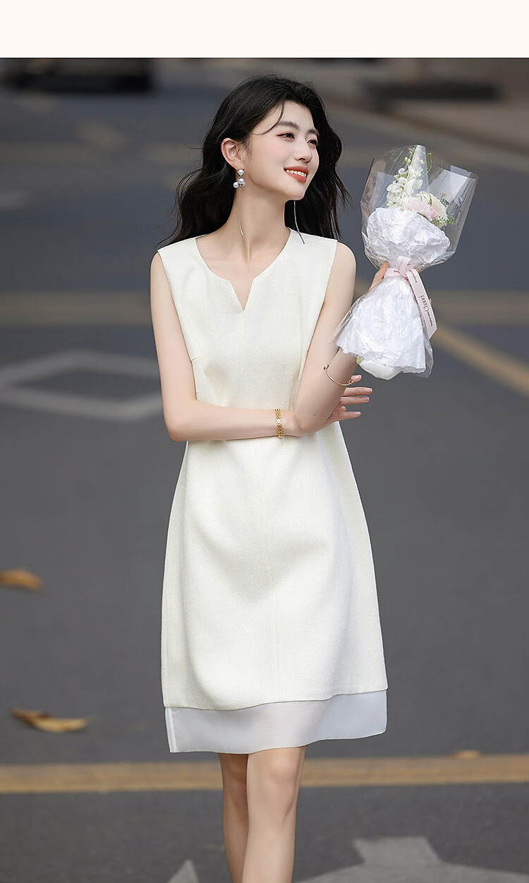 Demana Summer Little Chanel Style V-Neck Organza Spliced Sleeveless Women's Dress with Granular Two-Tone Yarn Weaving Craft 9