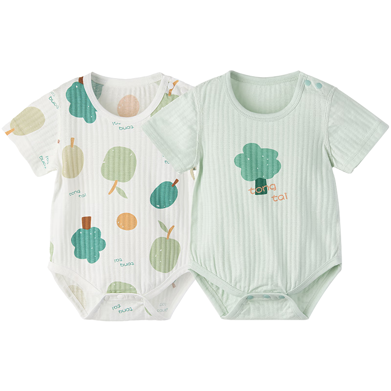 TONGTAI Baby Short-Sleeve Bodysuit, Summer Pure Cotton Infant Romper, Triangle Onesie, Jacquard Green, 73cm