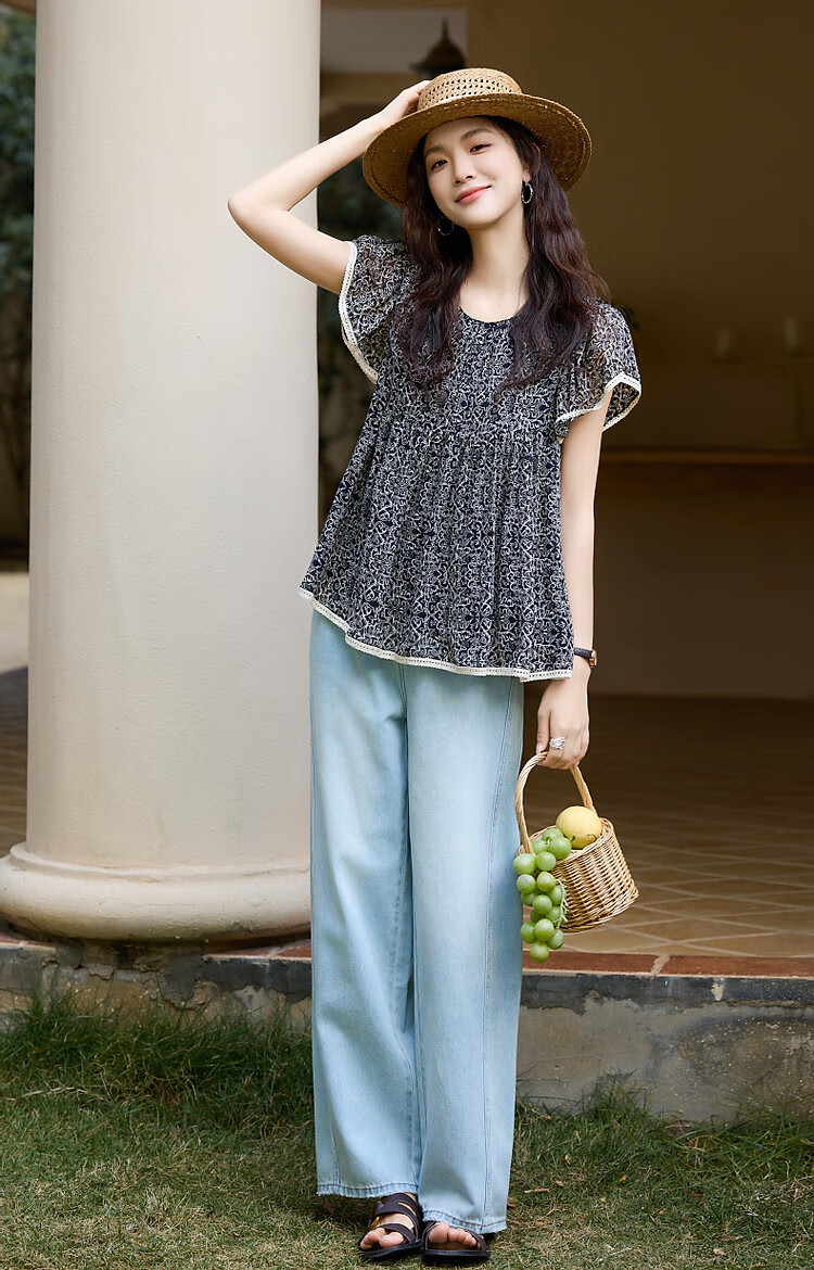Dme [75D Chiffon Jacquard] Summer Flowy Short-Sleeve Shirt with Contrasting Trim, Loose Blouse Women's Top 10