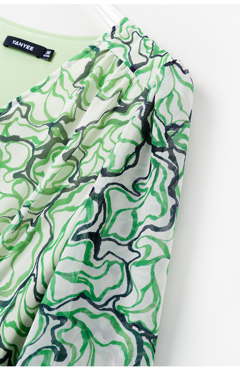 YANYEE Elegant Floral Print A-Line Skirt, 2025 Early Spring, Waist-Cinching Slimming, Commuter Style, V-Neck, Three-Quarter Sleeve Dress, Green Floral Pattern, Size M 8