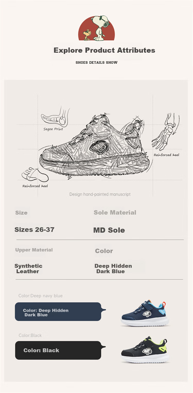 SNOOPY Children's Sports Shoes, Boys And Girls Lightweight Running Shoes, Breathable Casual Shoes, 3802 Blue Deep Blue, Size 36 10