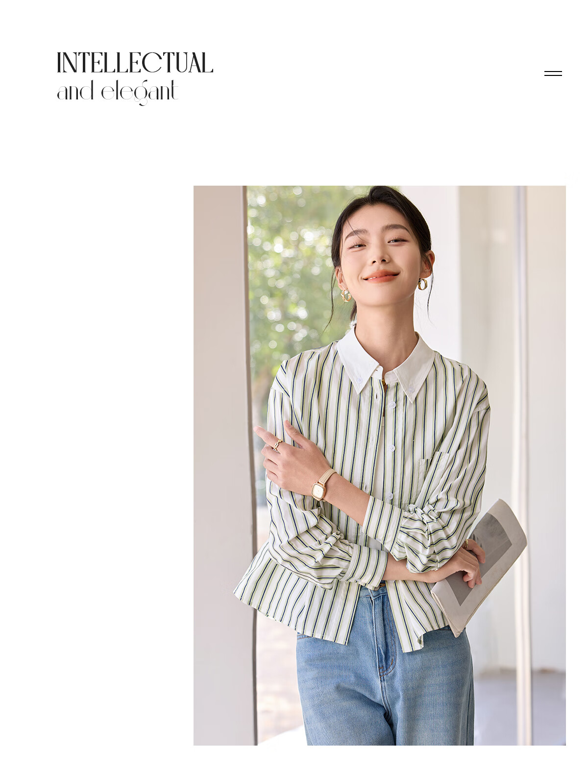 Chushen Women's Long-Sleeve Shirt, Contrasting Color Lapel, Classic Striped Short Casual Commuter Pure Cotton Blouse S51S043 17