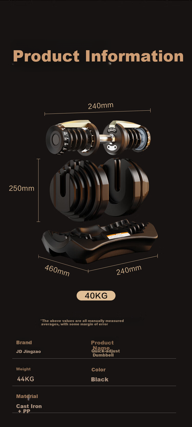 JD Original Adjustable Dumbbell Set, Men's Home Gym Equipment, Strength Training Fitness Gear, 40kg Capacity 15