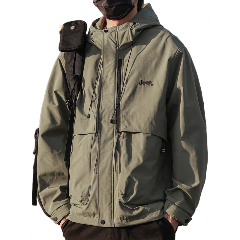 JEEP Men's Spring And Autumn Hooded Jacket, Casual Loose Workwear Clothing for Men, Army Green, Size L