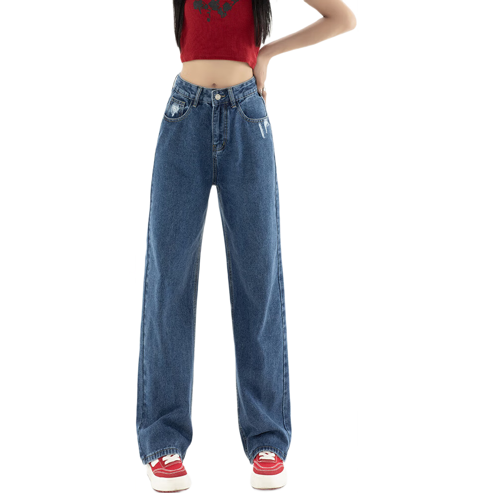 Jeanswest Women's Jeans, Summer 2026, Retro Style, High-Waisted Wide-Leg, Draping Fashion, Loose-Fitting Long Pants, Dark Blue, Size M