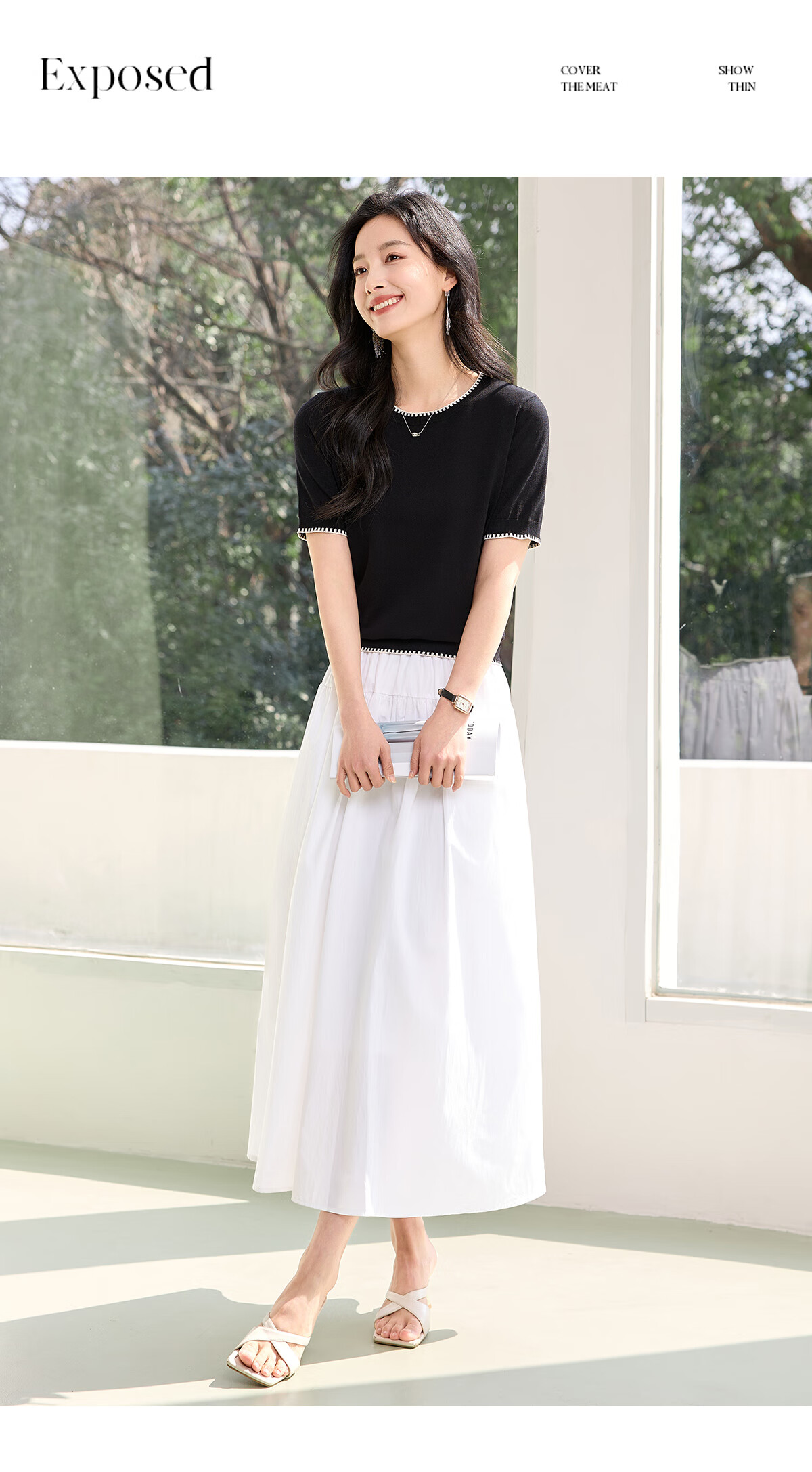 Chushen Summer Knitted Short-Sleeve T-Shirt for Women, Fashionable Round Neck Contrasting Color Design, Simple And Elegant Knitted Top Base Shirt S52T025 12