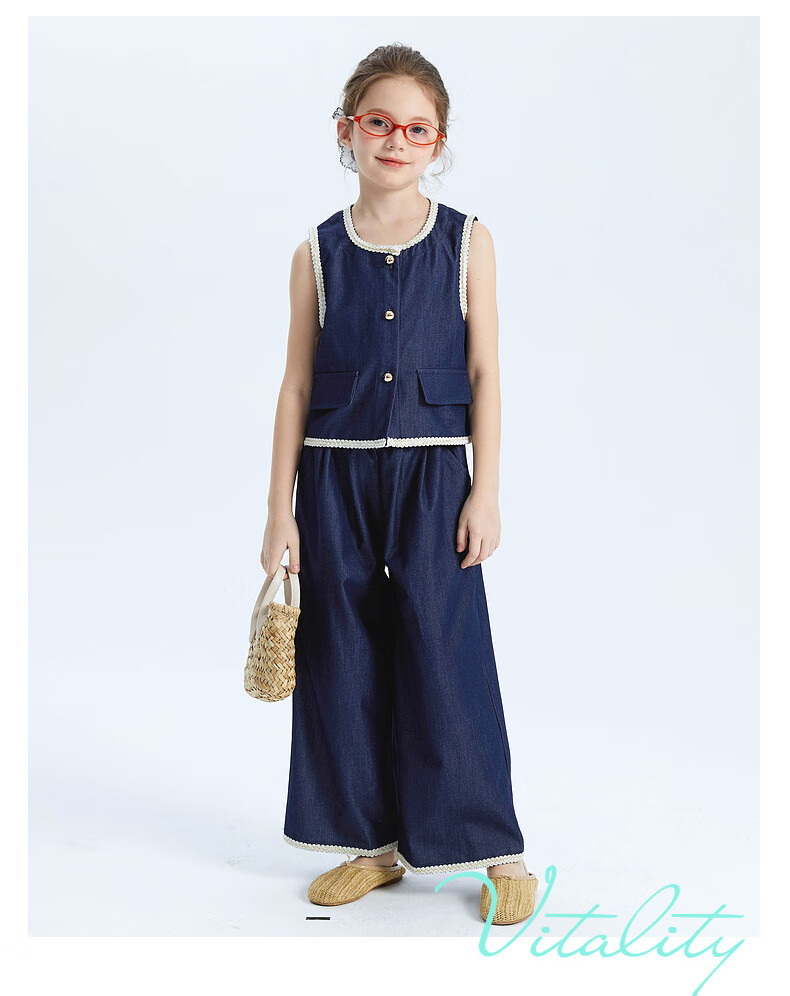 Fulomi Girls' Spring Autumn Vest Top and Casual Wide-Leg Pants Two-Piece Set Blue 110 6