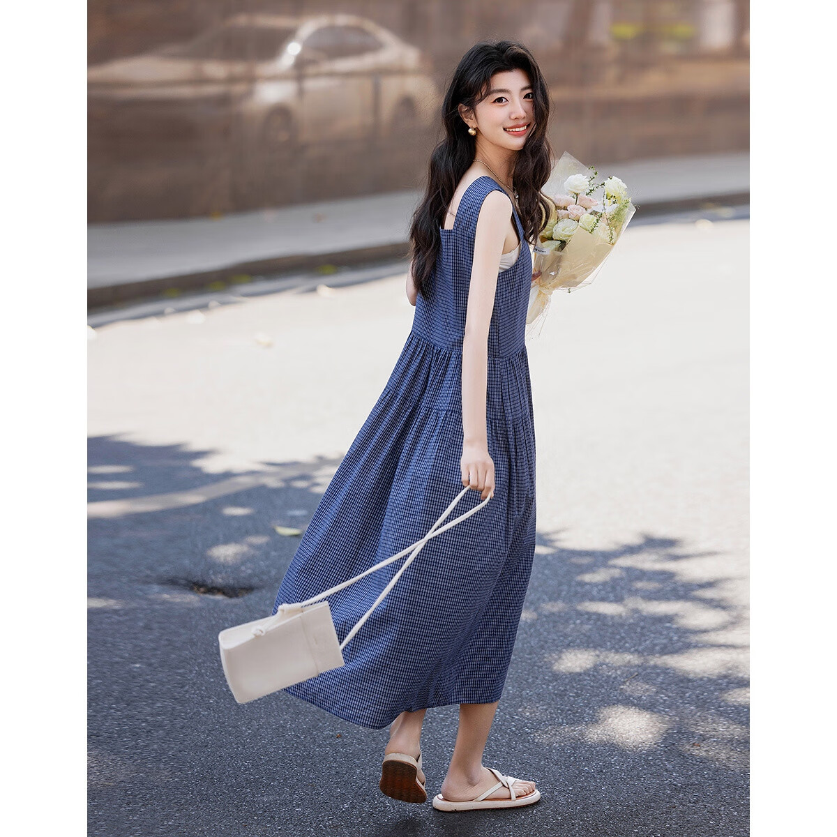 Dme [Japanese-Style Light-Colored Outfit] Summer Cloud Cotton Square Neck Plaid Spaghetti Strap Sleeveless A-Line Patchwork Long Dress for Wome