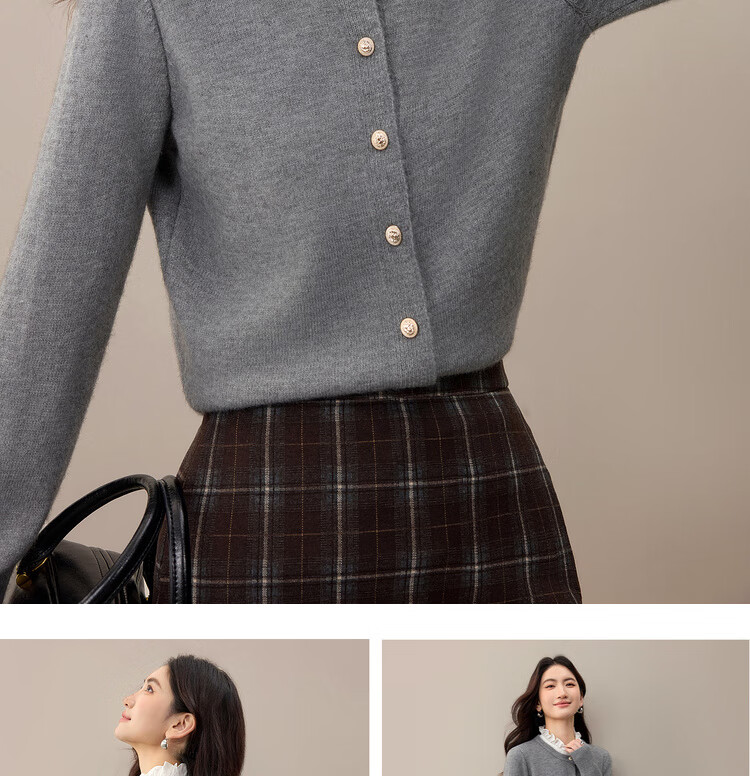 Sentubila Elegant Commuter Crew Neck Knit Sweater Women Autumn Soft Elastic Warm Thick Sweater Color Block Metal Button Long Sleeve Cardigan 14