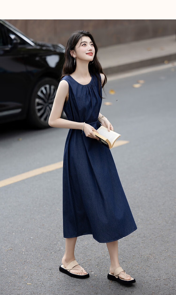 Demana Pure Cotton Private Talk Summer Lightweight Slim Pleated Round Neck Denim Sleeveless Tie Women's Dress 10
