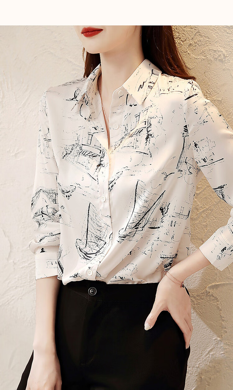 Dme [Cool Korean Style Goddess] Autumn French Collar Chiffon Printed Slimming Shirt Women's Top Spring 13