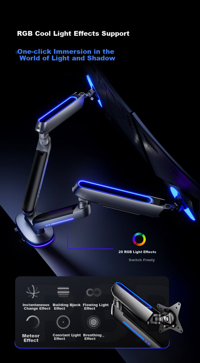 Brateck Beihu Dual-Screen Monitor Stand, Mechanical Arm One-To Computer Stand Multi-Screen Extension Desktop Clip-On Base E700-2 Gray, Holographic Light Effect Hanging Lamp Screen Suspensio 3