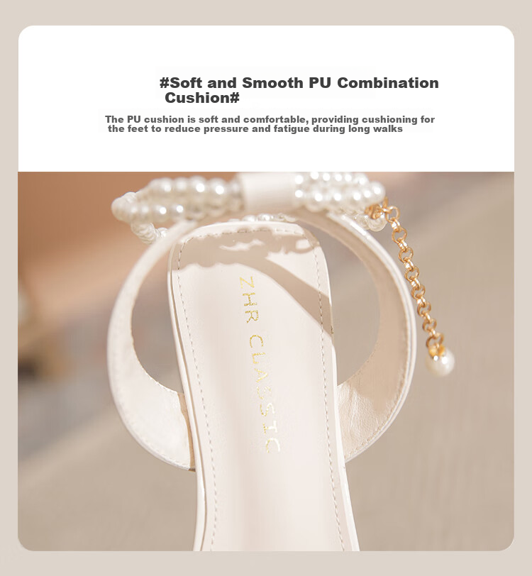 ZHR Women's Sandals with Chunky Heel, Comfortable And Stylish Women's Shoes, Elegant Pearl Chain Slimming Shoes for Women JF28 Beige 36 7
