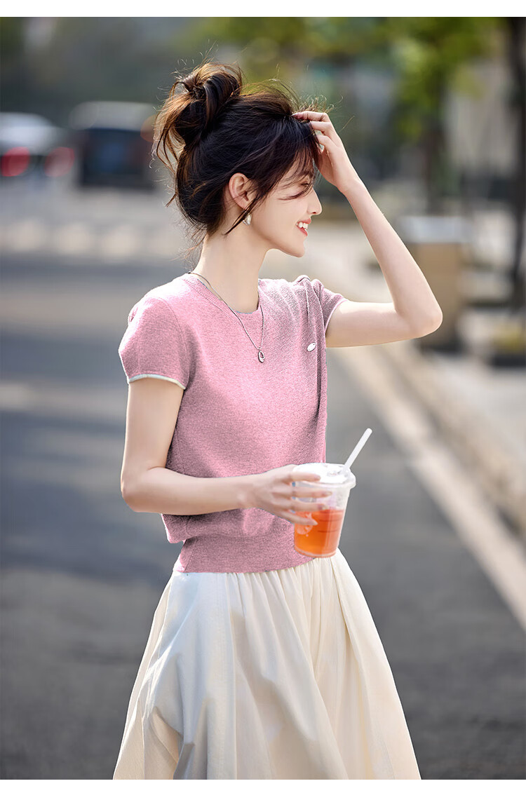 Shangjing Women's Short Sleeve Knit Top Summer New Slim Fit Simple Short T-Shirt for Petite Women 14