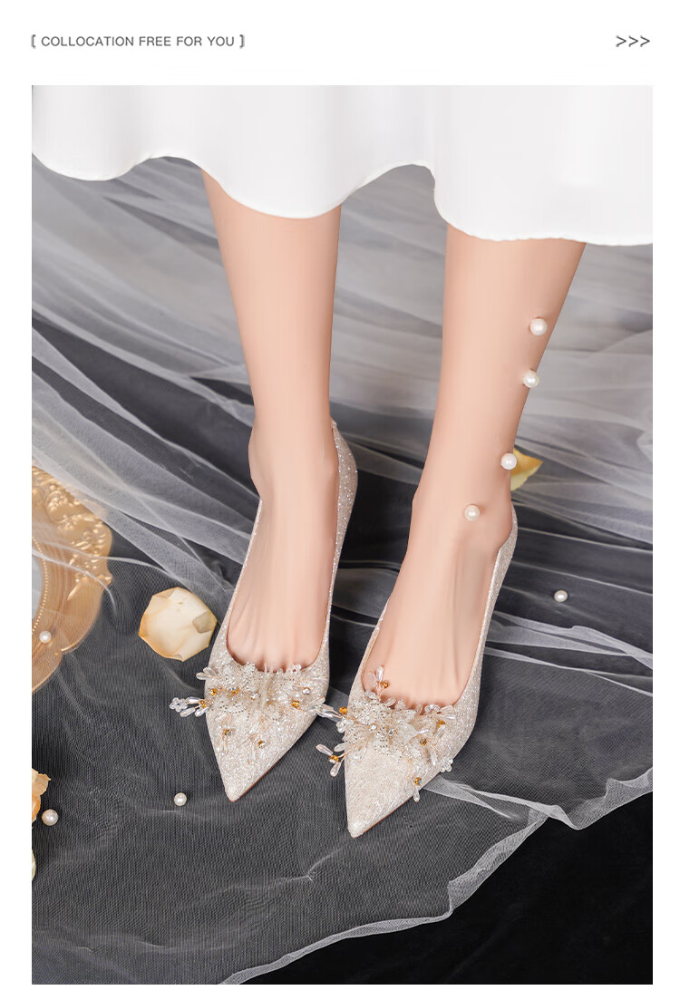 Josiny Pointed Toe Wedding Shoes for Women, Spring 2026 New Season High Heels, Bridal Engagement Shoes, French-Style Pumps, Xiuhe Wedding Dress, Champagne Gold, Size 35 2